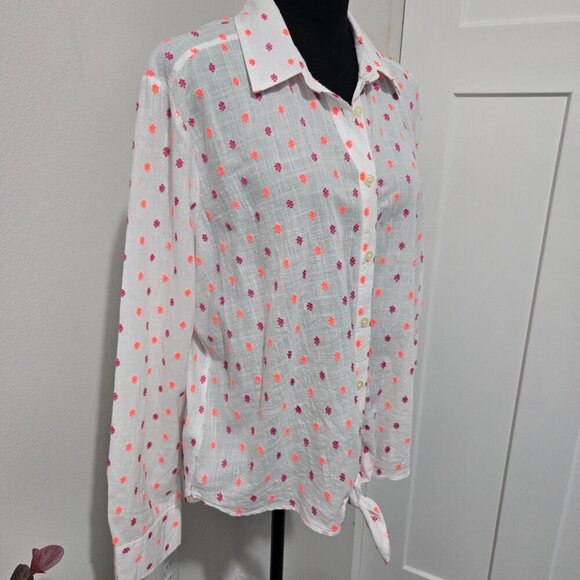 Ann Taylor Loft Polka Dot Tie Front White w Violet Coral - Sz L - Picture 4 of 12